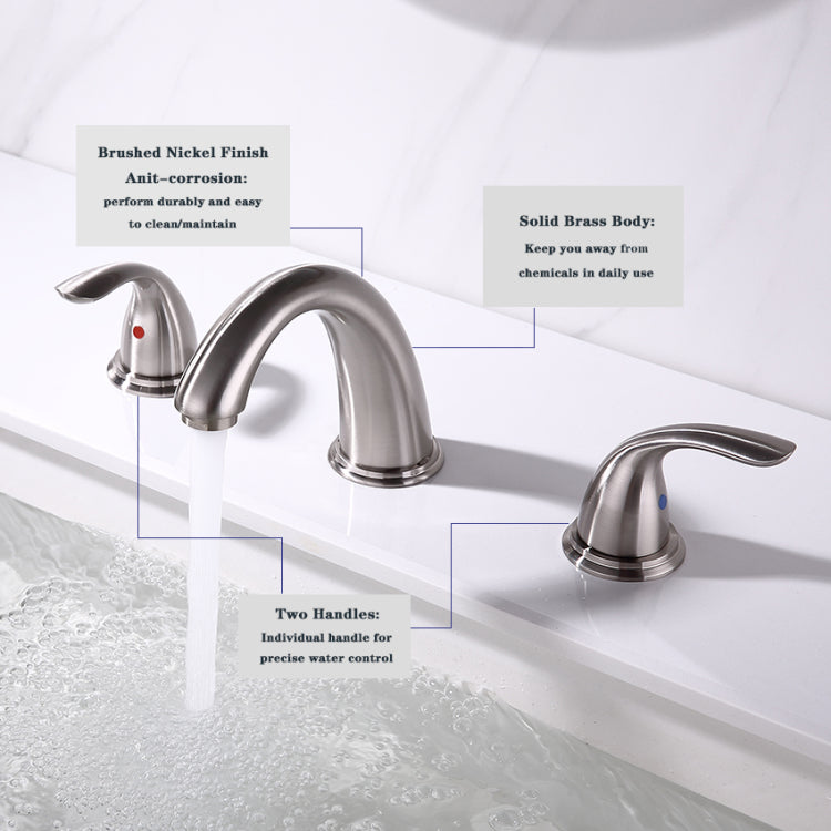 Brushed Nickel Widespread Bathroom Faucet, Waterfall Bathroom Faucets For Sink 3 Hole, 2 Handles Modern Vanity Faucet With Pop Up Drain Assembly And Lead Free Supply Hose,8 Inch