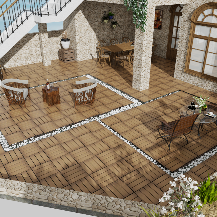 Patio Floor Tiles Pack Of 11 Wpc Wood Plastic Composite Patio Deck Tiles Diy Interlocking Decking Tiles, Quick Deck Floor Tile, Court Tile, Water Resistant Indoor Outdoor 11.8" Oak