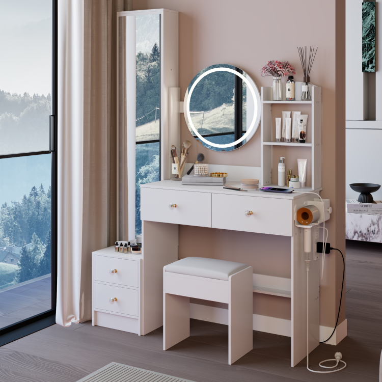 Full Body Mirror Cabinet Round Mirror Led Vanity Table Cushioned Stool, With 2 Ac 2 Usb Power Station,17" Diameter Led Mirror, Touch Control, 3 Color, Brightness Adjustable, Large Desktop
