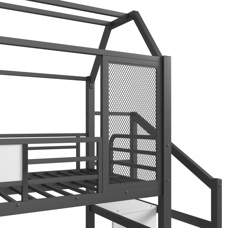 Twin House Loft Bed With Slide And Stairs, Metal Playhouse Bed With Storage Shelves, House Shaped Roof And Noise Free Design, Black