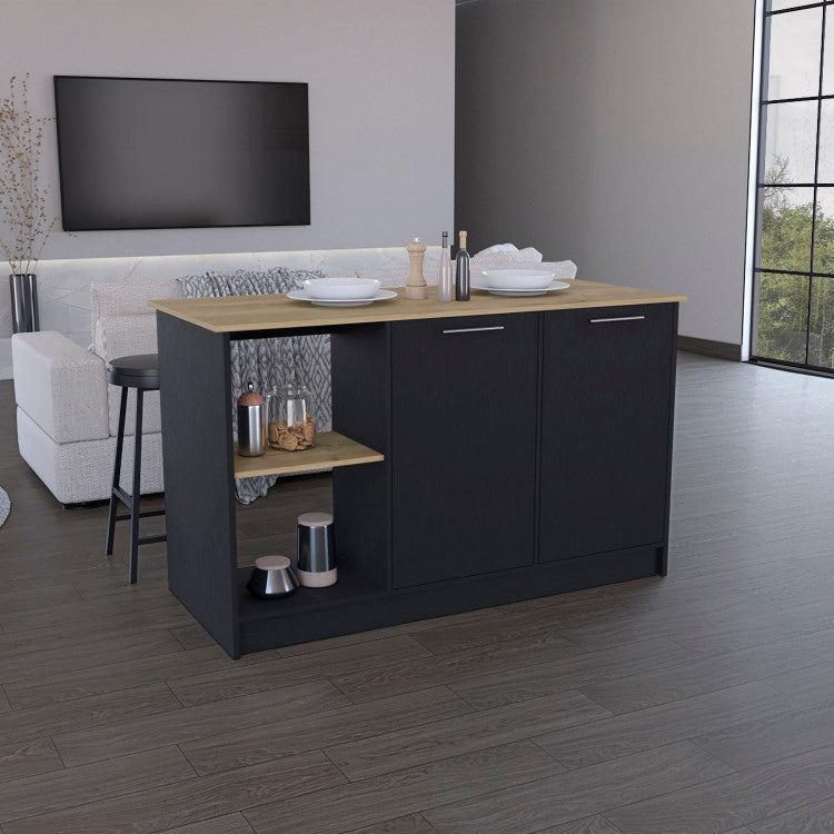 Kitchen Island With Large Countertop, Open Storage Shelves And Double Door Cabinet, Black Macadamia