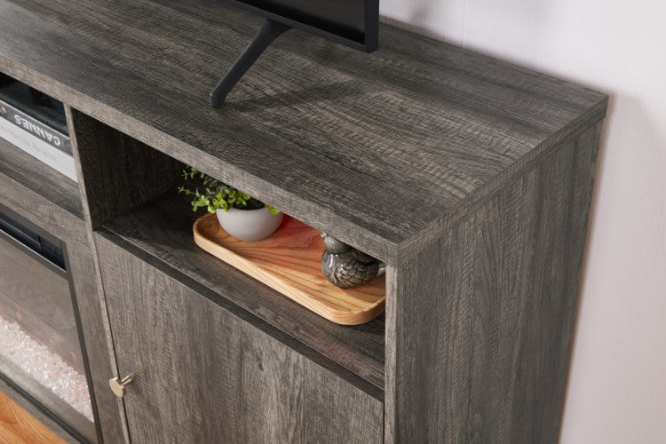 Ambrogio 70"W Gray Walnut Finish Fireplace Tv Stand Console With Heater, Led Light, Cabinets, Shelves