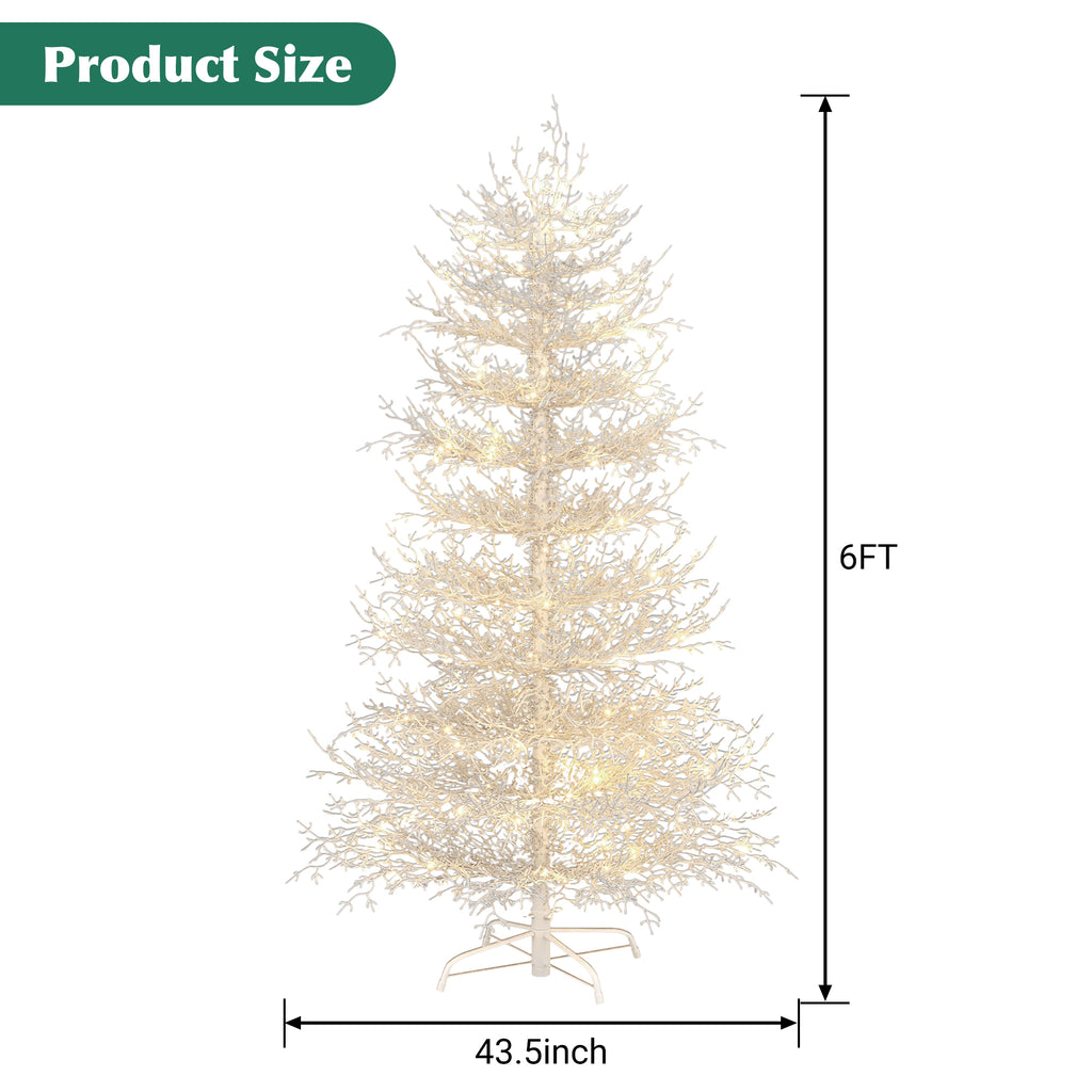 6Ft Pre Lit Aspen Fir Artificial Christmas Tree, Hinged Xmas Tree 623 Snow Flocked Branch Tips, 420 Warm White Led Lights, Holiday Coral Christmas Tree For Home Party