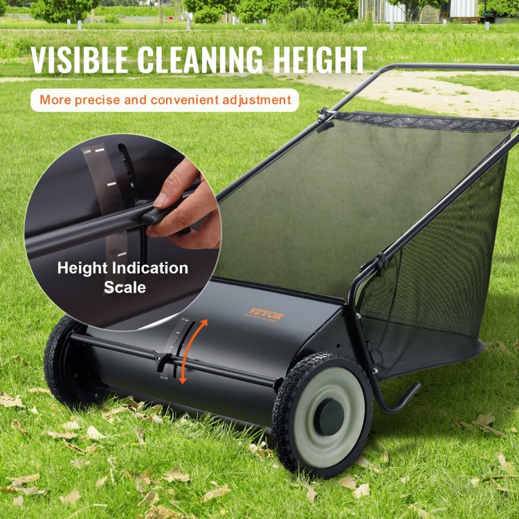 Push Lawn Sweeper, 26 Inch Leaf & Grass Collector, Strong Rubber Wheels & Heavy Duty Thickened Steel Durable To Use With Large Capacity 7 Ft Mesh Collection Bag, 4 Spinning Brushes