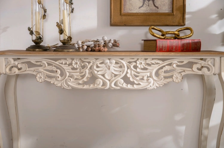 43.31" French Country Carved Console Table Antique White Distressed Solid Wood & Mdf Entry Table With Curved Legs For Hallway Living Room