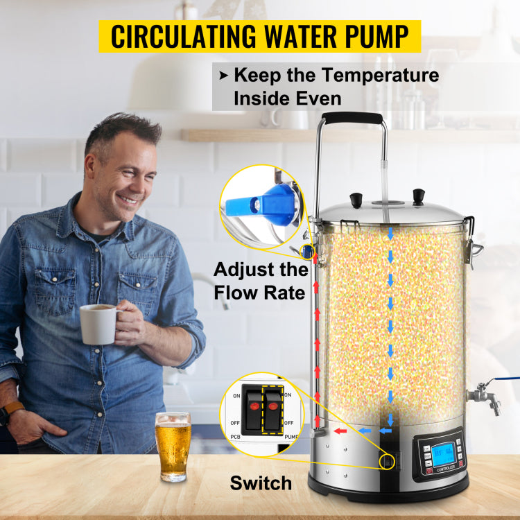 Electric Brewing System, 9.2 Gal 35 L Brewing Pot, All In One Home Beer Brewer W Pump, Mash Boil Device W Panel, Auto Manual Mode 100 1800W Power 25 100 Temp 1 180 Min Timer Recipe Memory