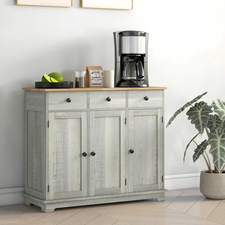 Homcom Sideboard With Solid Wood Countertop, Modern Kitchen Storage Cabinet, Coffee Bar Cabinet With 3 Drawers, Doors And Adjustable Shelf, Distressed Light Gray