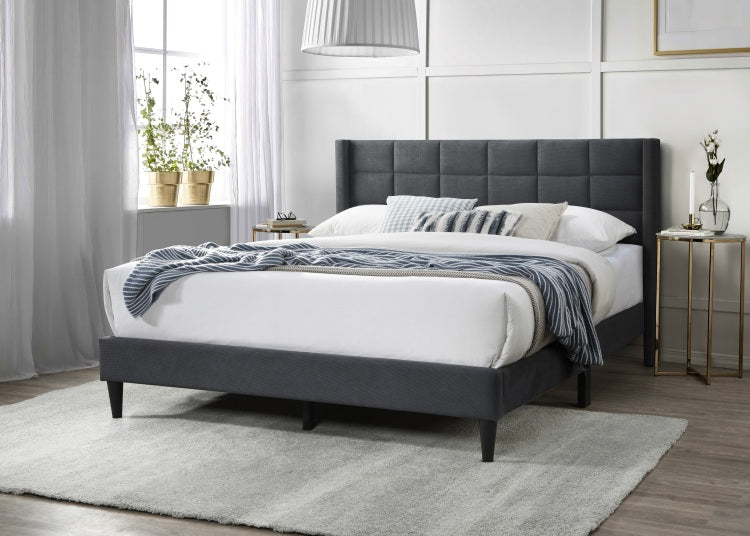 Elegant Modern Charcoal Brushed Linen 1Pc Queen Size Bed Upholstered Box Design Headboard Bedframe