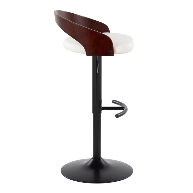 Contemporary Adjustable Barstool With Swivel In Black Metal, Cherry Wood And White Faux Leather With Rounded T Footrest Set Of 2