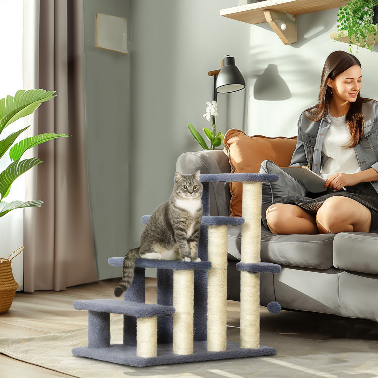 Pawhut 4 Levels Cat Steps, Pet Stairs Carpeted Ladder, Kitten Tree Climber With Scratching Posts, Hanging Play Ball, Side Step, For High Bed, Sofa, Gray