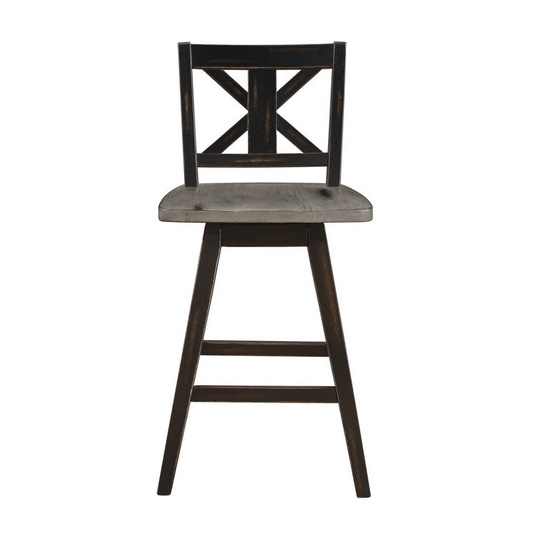 Farmhouse Swivel Counter Height Chair With X Shaped Back, Set Of 2, Antique Gray, Black