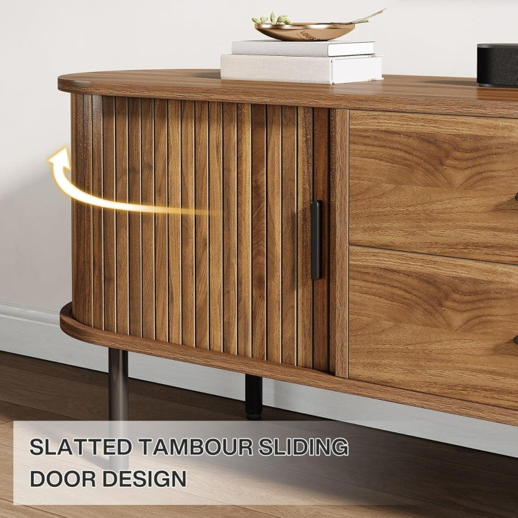 70.87" Walnut Mid Century Modern Fluted Tv Stand With Tambour Sliding Doors For Living Room