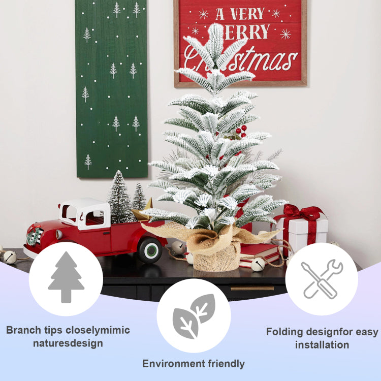 50Cm Flocked Tabletop Christmas Tree, Full Pe Snowy Mini Tree With 85 Tips, Cement Burlap Base Small Winter Holiday Decor For Home, Office, Desk Or Gifts