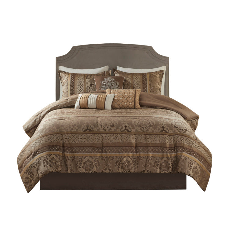 7 Piece Jacquard Comforter Set Brown Gold Queen
