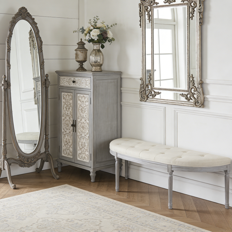 Coastal Button Tufted Light Beige Upholstered Bench With Weathered Gray Legs