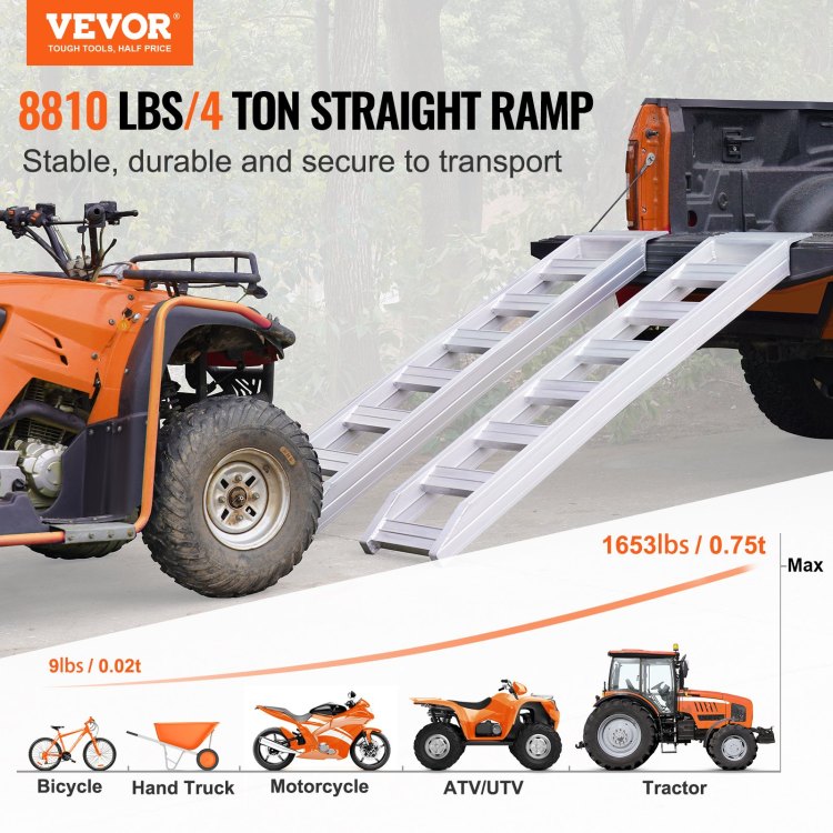 Aluminum Ramps, 8810 Lbs, Heavy Duty Ramps With Top Hook Attaching End, Universal Loading Ramp For Motorcycle, Tractor, Atv Utv, Trucks, Lawn Mower, 72"L X 15"W, 2Pcs