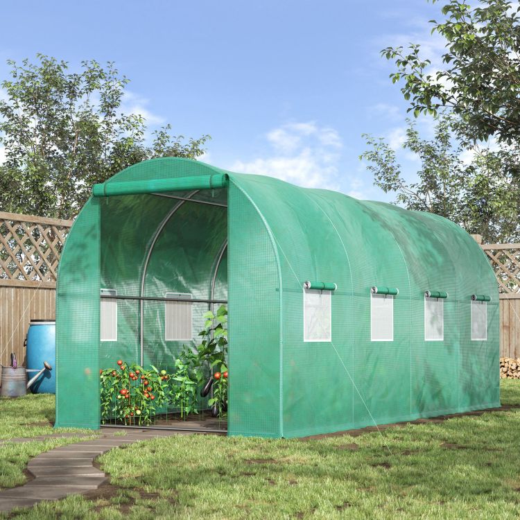 Outsunny 15' X 7' X 6.5' Walk In Tunnel Hoop Greenhouse, Green House With Polyethylene Pe Cover, Steel Frame, Roll Up Zipper Door & Windows For Flowers, Vegetables, Tropical Plants, Green