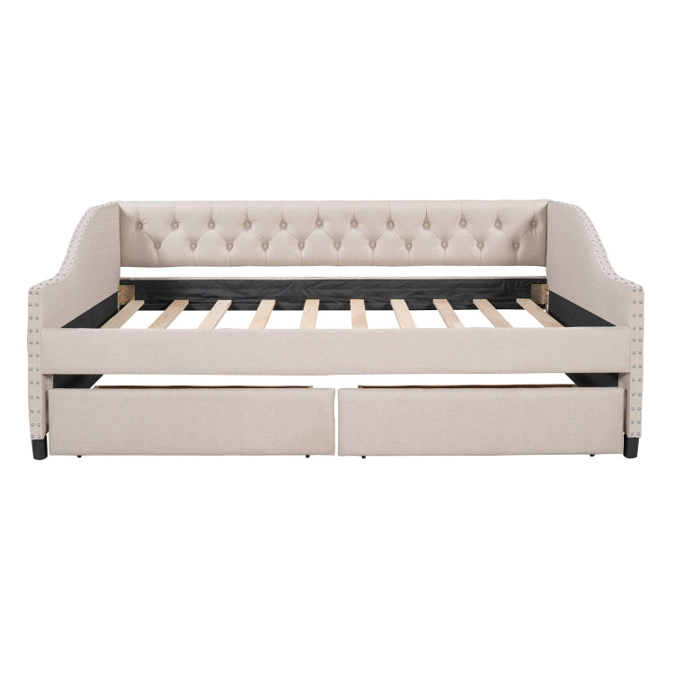 Upholstered Daybed With Two Drawers, Wood Slat Support, Beige, Full Size Old Sku :Lp001111Aaa