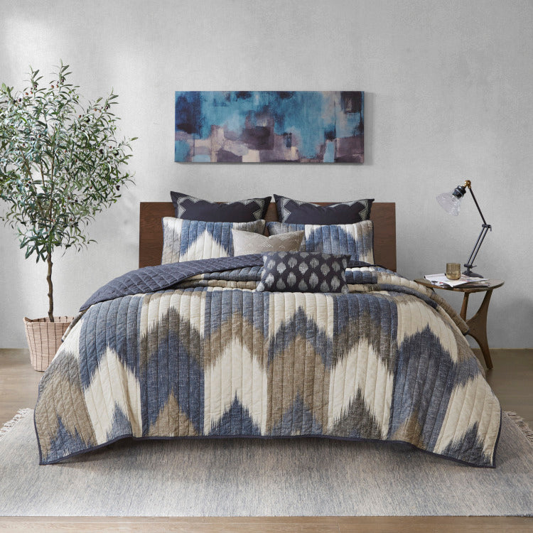 3 Piece Printed Cotton Quilt Set Navy Full Queen