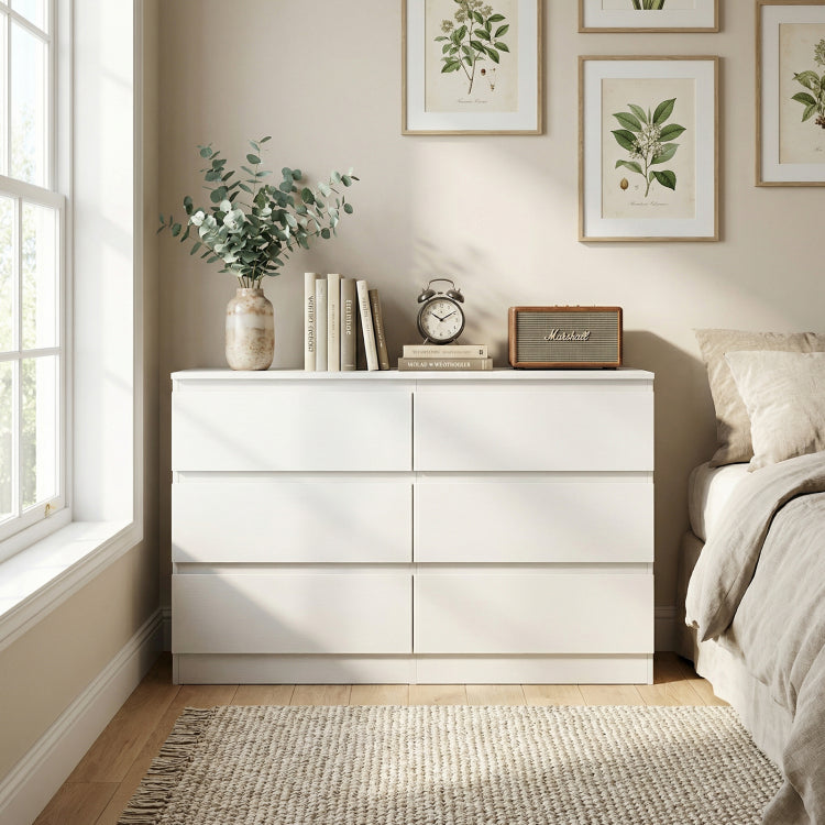 6 Drawer White Dresser, Modern Dresser For Bedroom With Spacious Countertop, Wood Storage Cabinet With Concealed Handles & 6 Deep Drawers For Bedroom, Living Room, Entryway, 15.7" D X 47.2" W X