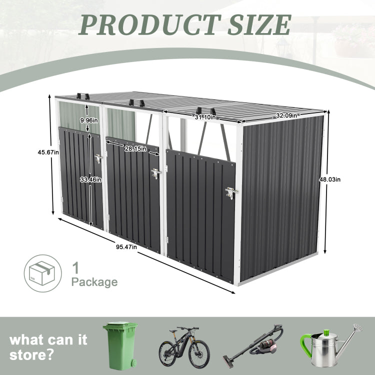 Garbage Bin Shed Stores 3 Trash Cans With Pneumatic Support Rod, With Lockable Doors & Waterproof Lid Chain, For Patio,Garden,Backyard,Grey