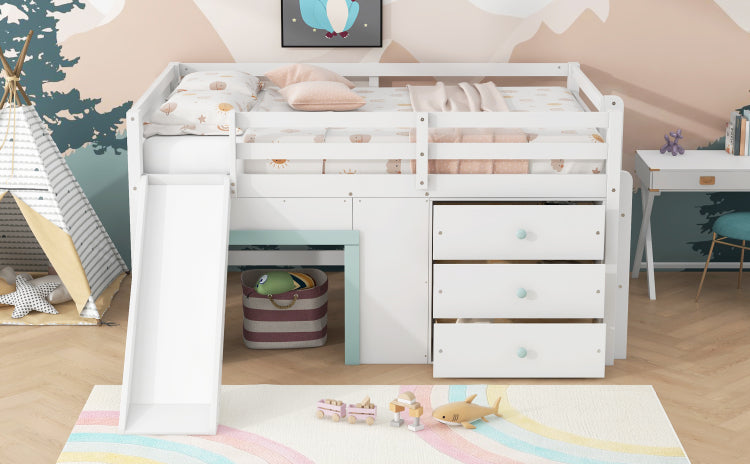 Full Size Low Loft Bed With Slide,Three Storage Drawers And Two Doors,White