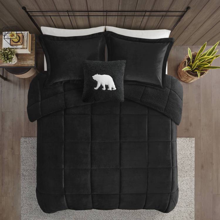 4 Piece Full Queen Plush To Sherpa Down Alternative Comforter Set,Black Black