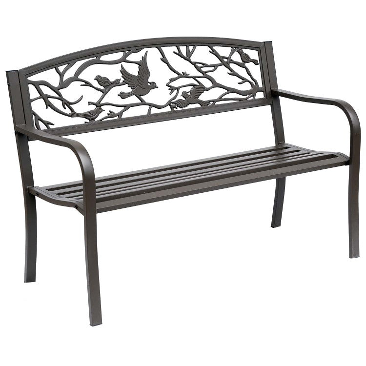 Outsunny 50" Garden Bench, Outdoor Patio Bench With Animal Pattern, Cast Steel Metal Bench For Yard, Lawn, Porch, Brown