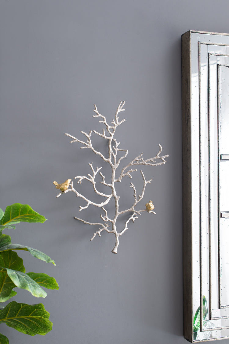 17X5.5X22" Metal Branch Wall Sculptures With Bird Accents, Set Of 2
