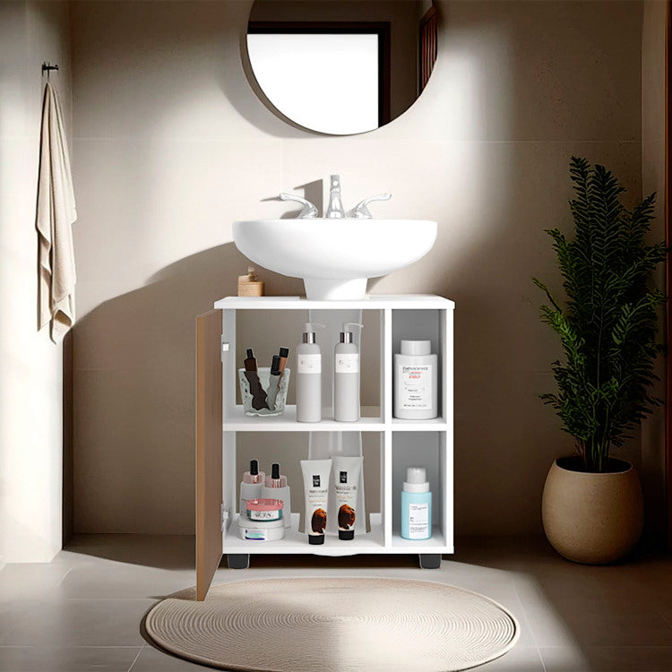 Pascuale Two Side Shelves Under Sink Cabinet With One Doors, Cut Out Back, Compact 22 Freestanging Bathroom Storage, White, Natural Oak