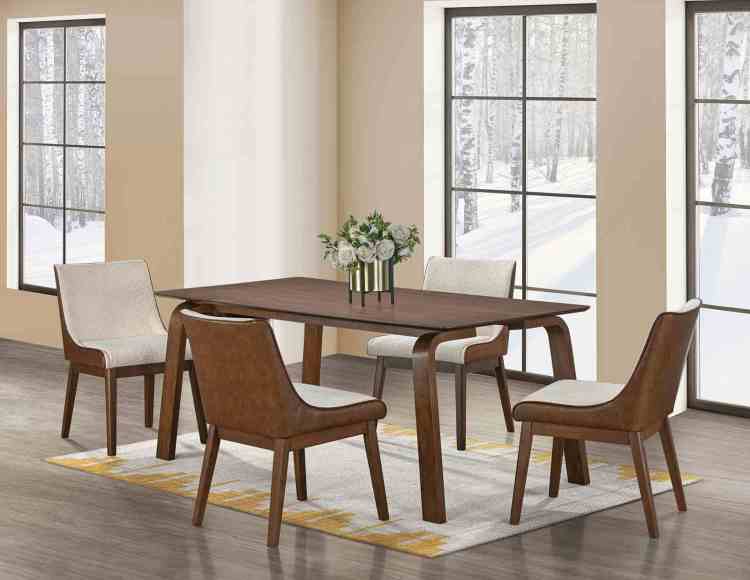 Mid Century Modern 2Pc Side Chair Padded Seat Angled Legs Curved Panel Back Walnut And Beige Finish