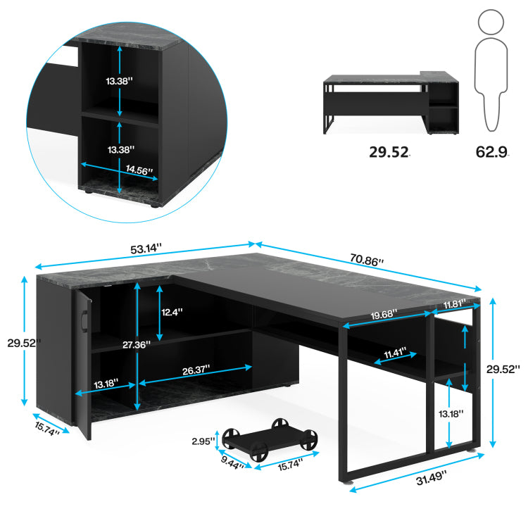 71" L Shaped Executive Desk With Storage Cabinet & Shelves, Large Industrial Home Office Computer Desk, Business Workstation With Printer Cabinet & Cpu Stand, Black
