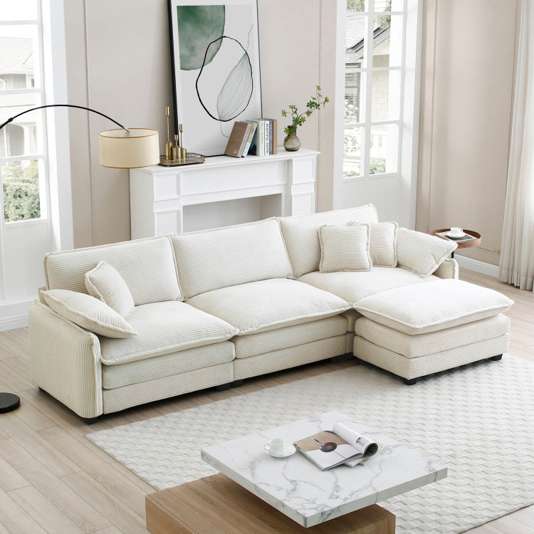 Oversize 3 Seater Sofa With One Footrest, L Shaped Sectional Sofa With Ottoman For Living Rooms, White Corduroy Sofa