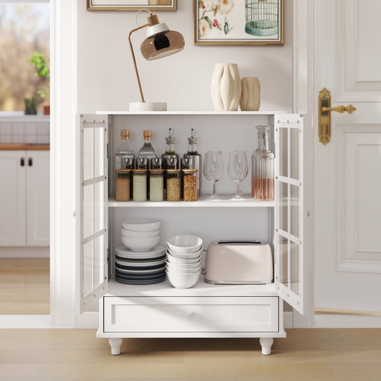 Minimalist White Buffet Cabinet With Double Glass Doors And Drawer, Modern Wooden Storage Sideboard Cupboard For Living Room, Dining Room Hallway Entryway