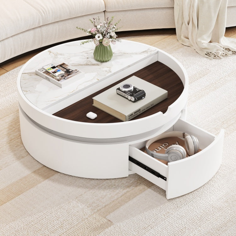 White Round Lift Coffee Table With 1 Drawer In 29.5", Marble Veneer And Wood Grain Tabletop