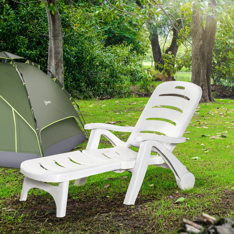 Outsunny Outdoor Chaise Lounge, 5 Level Adjustable Backrest Lounge Chair With Wheels, Folding Tanning Chair For Pool, Beach, Patio, Garden, White