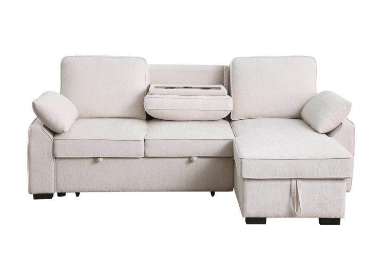 Marcello 91"W Beige Chenille Fabric Reversible Sleeper Sectional With Storage Chaise, Drop Down Table, Cup Holders And Charging Ports