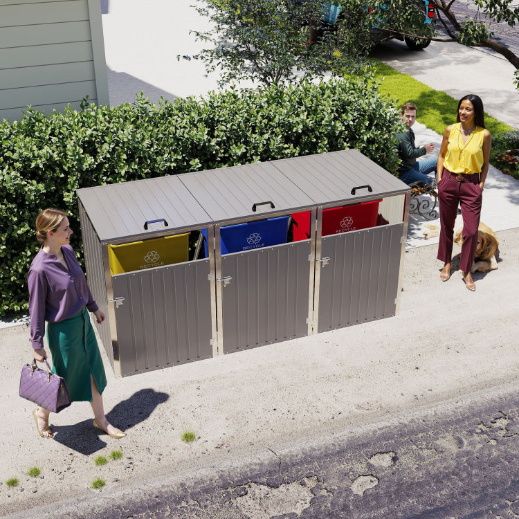 Garbage Bin Shed Stores 3 Trash Cans With Pneumatic Support Rod, With Lockable Doors & Waterproof Lid Chain, For Patio,Garden,Backyard,Grey