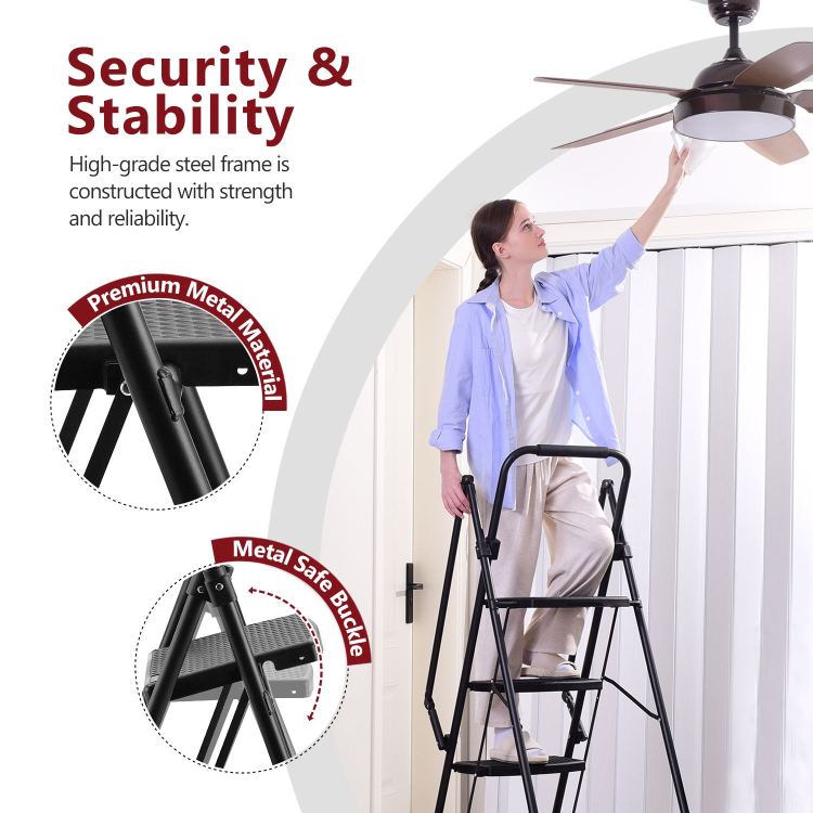 Four Step Ladder, Lightweight Folding Four Step Stool, Wide Anti Slip Pedal And Safety Handle, Sturdy Steel Ladder, Multi Purpose Step Ladder, Suitable For Home, Kitchen, And Office Elevators