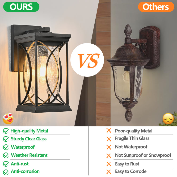 14" H 1 Pack Black Outdoor Wall Lantern With Crackled Glass, Weather Resistant Exterior Light Fixture For Porch, Patio, And Entryway, Modern Decorative Wall Sconce With E26 Base Bulb Not Included
