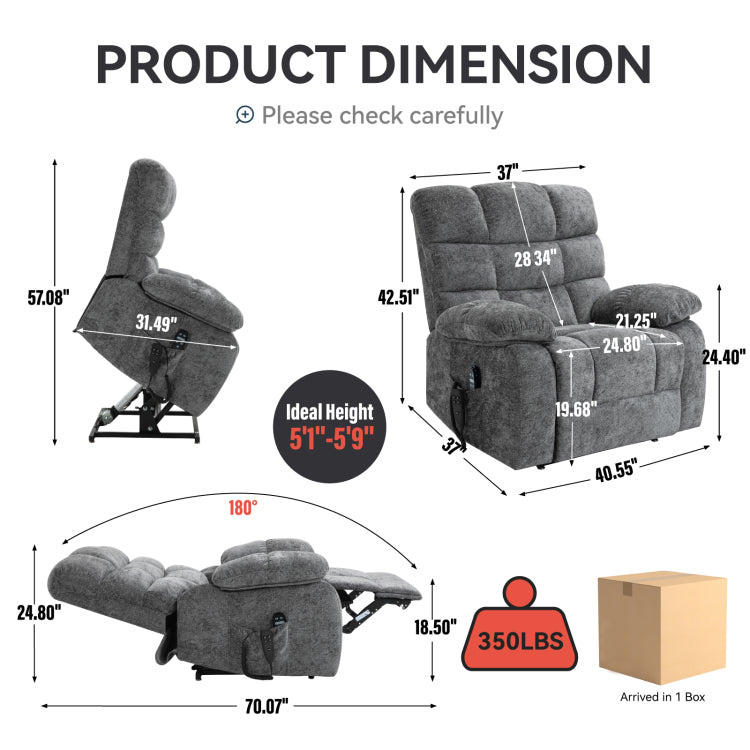 Lift Recliner Chair Heat Massage Dual Motor Infinite Position Up To 350 Lbs Large Electric Power Lift Recliners With Power Remote, Medium Firm And Heavy Duty, Grey