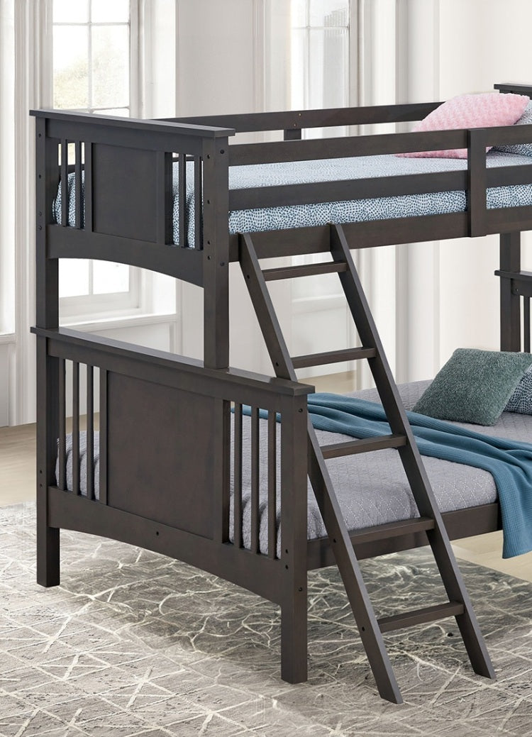 Modern Transitional Style Twin Over Full Bunk Bed With Ladder And Grey Mix Finish
