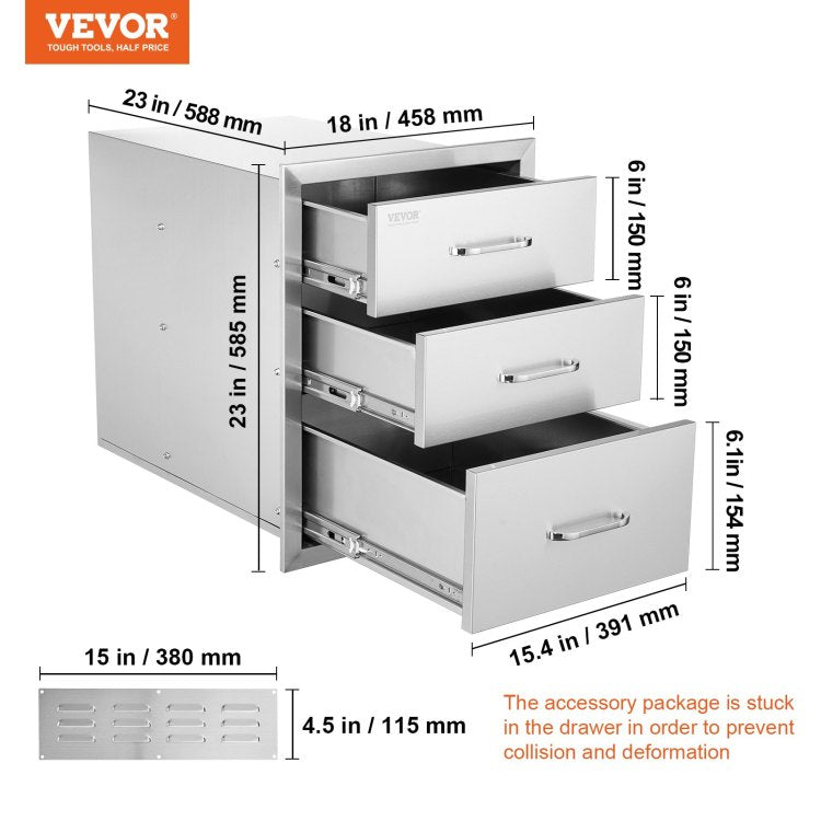 18X20.5 Inch Outdoor Kitchen Stainless Steel Triple Access Bbq Drawers With Chrome Handle, 18 X23 X 23 Inch