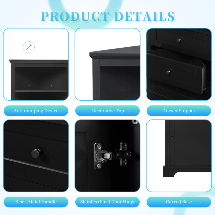 Black Triangle Tall Cabinet With 3 Drawers And Adjustable Shelves For Bathroom, Kitchen Or Living Room, Mdf Board With Painted Finish Wf306469Aag Color