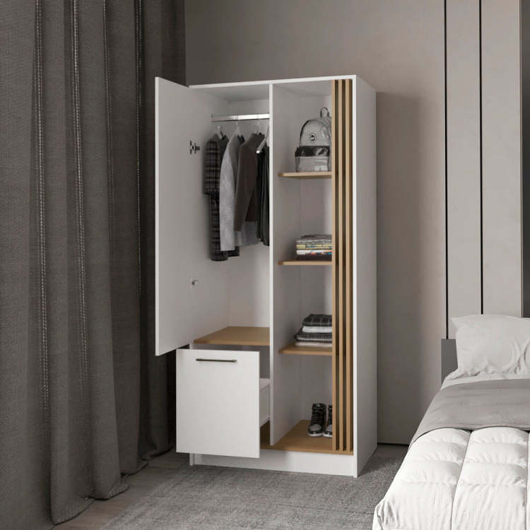 Natural Oak Wardrobe Organizer With Shelves And Rod