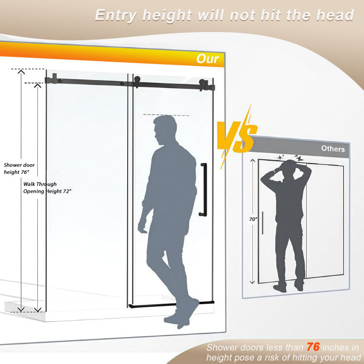 Frameless Single Sliding Shower Door 56 60 "W X 76" H, 1 4 " 6 Mm Clear Tempered Glass, Explosion Proof Film, Stainless Steel Handle Square Tube Track ,Matte Black