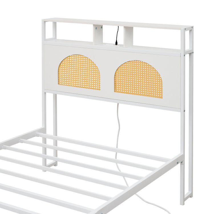 Twin Bed Frame With Headboard, Platform Bed With Led & Charging Station, The Rattan Framed Headboard Exudes A Classical Charm, No Box Spring Needed, Noise Free, Easy Assembly, White