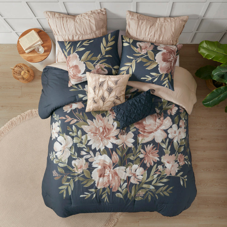 8 Piece Cotton Comforter Set Navy Queen