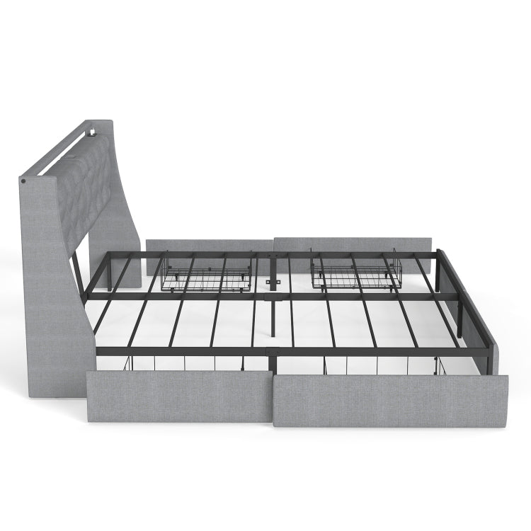 King Metal Platform Bed Frame Grey, Storage Headboard With Rgb Led & Charging Station