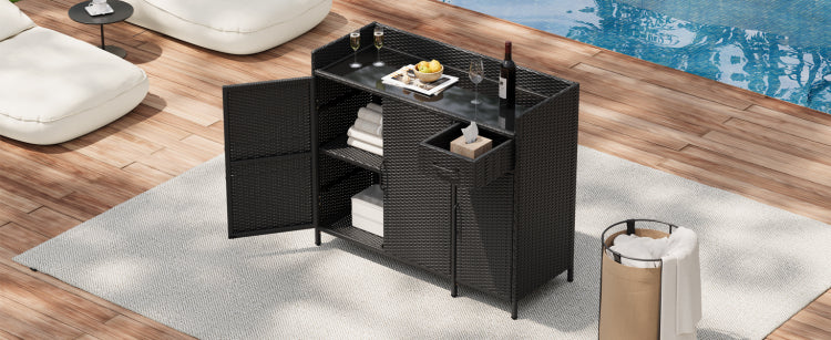 K&K 47.5"W Wicker Outdoor Storage Cabinet With Tempered Glass Desktop, Weather Proof Rattan Bar Table With Three Doors, Adjustable Shelf, And One Drawer, For Outdoor Cushions, Pool Toys , Black